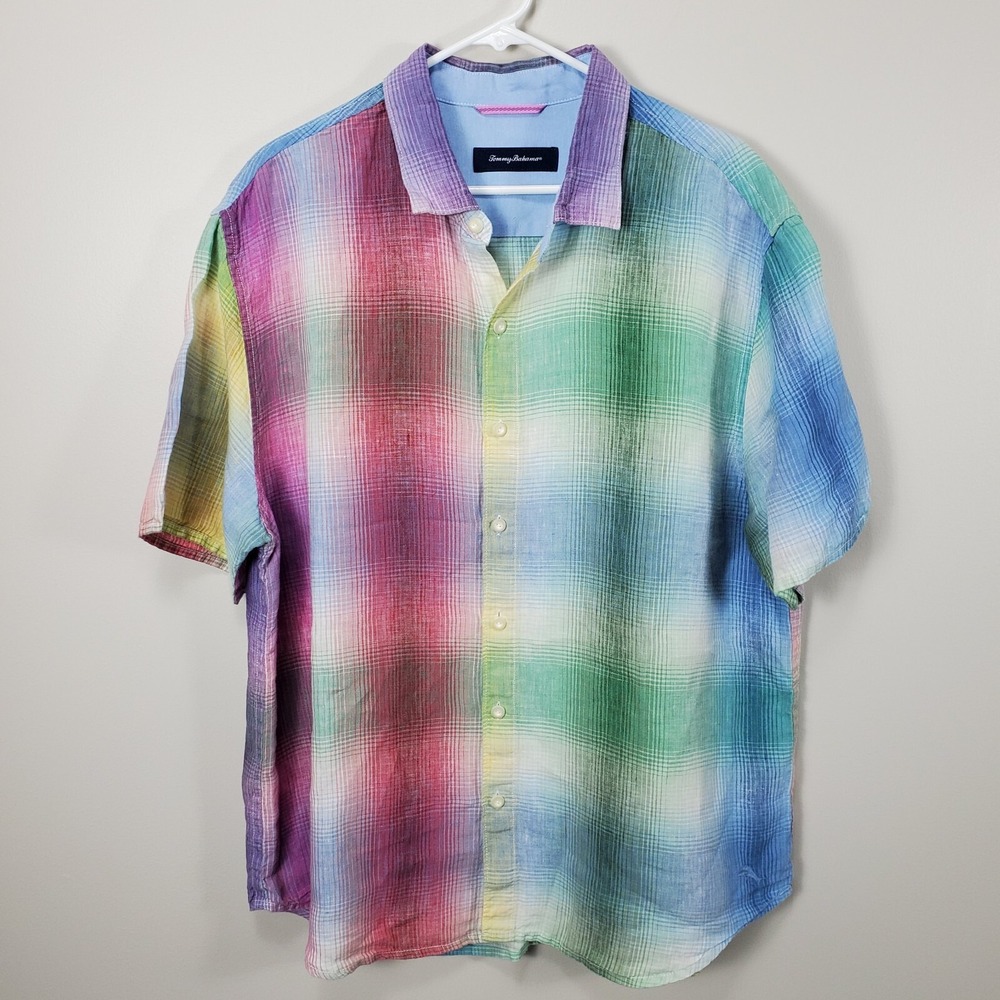 Tommy Bahama Linen Button‎ Up Shirt Mens XL Colorful Short Sleeve Plaid Cruise
